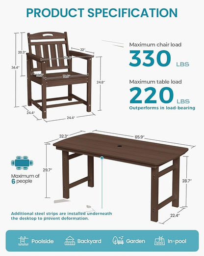 Ciokea HDPE Outdoor Dining Table with Umbrella Hole,66" Rectangle Patio Table for 6,All-Weather Outdoor Patio Furniture Set for Garden Backyard,Brown