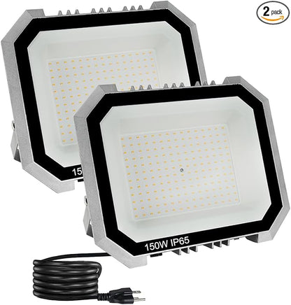 2 Pack LED Flood Lights Outdoor, 150W 15000LM Super Bright Floodlight Outside Work Light with 5.9FT Plug, IP65 Waterproof 6000K Outdoor LED Flood Light for Garage, Yard, Lawn, Garden
