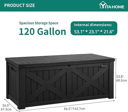 YITAHOME 150 Gallon Large Deck Box with X-Shaped Front, Resin Outdoor Storage Boxes, Waterproof Cushion Storage Bench for Patio, Pool Supplies, Garden Tools - Lockable, Black