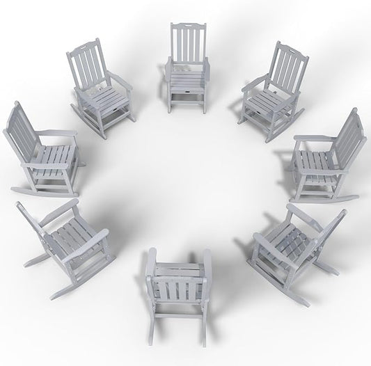 Oversized Rocking Chair Set of 8, Outdoor Rocking Chair for Adults, All Weather Resistant Porch Rocker for Lawn Garden, White