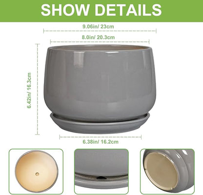 G EPGardening Ceramic Plant Pots - 9 Inch Modern Round Planter with Drainage and Plant Saucer for Indoor Outdoor Flower, Apartment Decor, Birthday Gifts, Grey