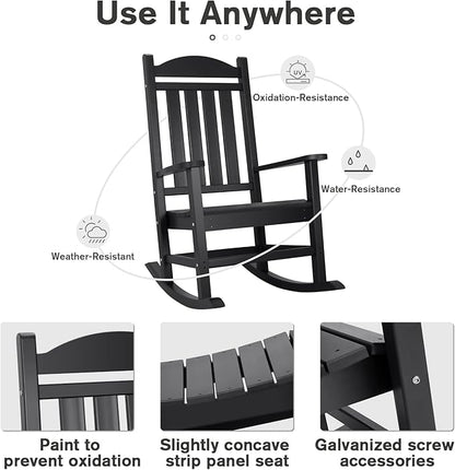 Devoko HDPE Rocking Chair Plastic Outdoor Indoor Patio Rocker Chair High Back All Weather Rocker for Patio Backyard Porch Garden (Black)