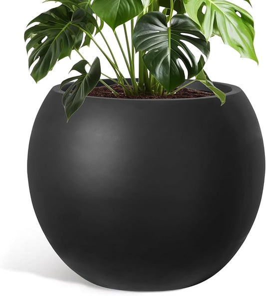 Large Round Planter with Drainage Hole, 13.7''H × 17.7''D Sphere Planter Indoor Plant Flower Pot for Outdoor Garden Patio Home, Black