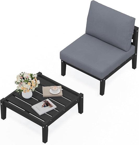 SERWALL HDPE Patio Furniture Set, 2 Pieces Outdoor Sectional Sofa Set, All-Weather Wood-Like Outdoor Sofa Couch with Coffee Table for Deck, Lawn, Black Frame with Grey Cushion
