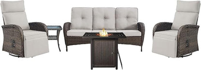 Belord 5 Piece Wicker Patio Furniture Set with 30" Propane Fire Pit Table, Outdoor Swivel Recliner Chairs with Adjustable Backrest & Footrest for Patio Conversation and Backyard Gathering