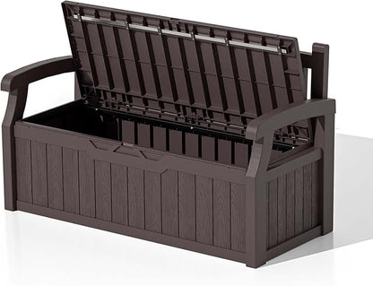 Patiowell 75 Gallon Plastic Storage Bench, Water-Resistant Deck Box for Patio Furniture, Garden Tools, Pool Storage and Outdoor Cushions, Brown