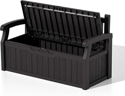 Patiowell 75 Gallon Plastic Storage Bench, Water-Resistant Deck Box for Patio Furniture, Garden Tools, Pool Storage and Outdoor Cushions, Black