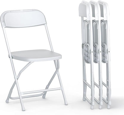 4 PACK White Foldable Plastic Chair | Folding & Stackable | 350 lbs Capacity Steel Frame Seats for Indoor Outdoor | Commercial Use Events Wedding Party Events Bulk Picnic Kitchen Dining