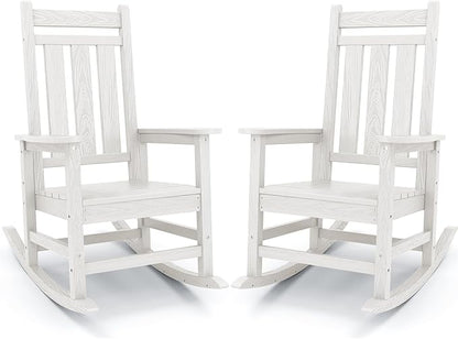 KINGYES Oversized Outdoor Rocking Chair Set of 2, All-Weather Patio Rocking Chairs for Porch, HDPE Outdoor Patio Rockers with High Back & Wide Seat for Garden, Lawn, White