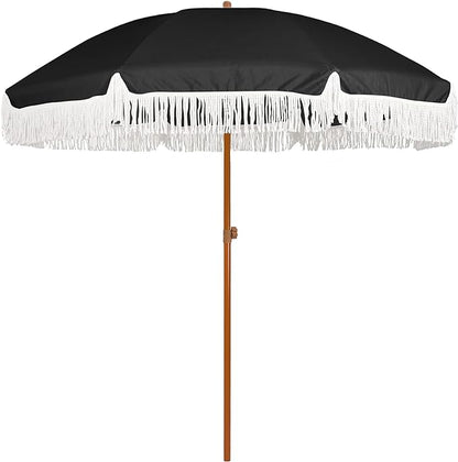 AMMSUN 7ft Patio Umbrella with Fringe Outdoor Tassel Umbrella UPF50+ Premium Steel Pole and Steel Ribs Push Button Tilt, Black