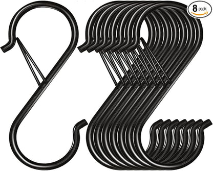 8 Pack S Hooks for Hanging, 3.5 inch Heavy Duty Metal S Hooks with Safety Buckle S Shaped Hooks Pot Rack Closet Hooks for Hanging Plants, Clothes, Kitchen Utensil, Pots, Pans, Bags (Black)