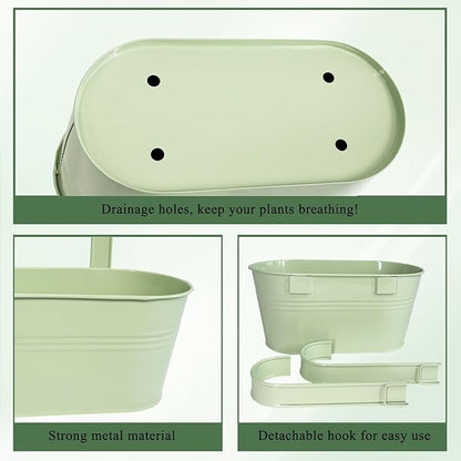 Balcony Hanging Planters Flower Pots, 10" Metal Flower Pots for Outdoor Balcony Rails, Fence Pot Hanging Plant Holders with Detachable Hooks for Garden Patio Yard Decor (Mint Green, 6Pcs)