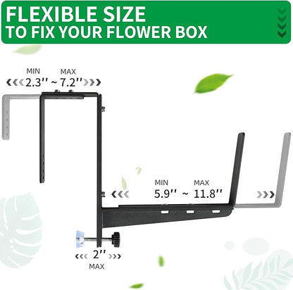 Window Box Brackets, Adjustable Planter Box Brackets, Heavy Duty Iron Flower Box Brackets for Railings, with Enhanced Bottom Support - Perfect for Balconies, Fences, and Gardens (Black, 4 Pack)
