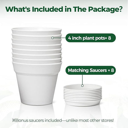 T4U 4 Inch Plant Pots 8-Pack, Small Flower Pots with Drainage Hole and Saucer, Decorative Nursery Pot Bulk for African Violet, Snake Plant, Succulent, Herb and Plants Indoor (8 Pcs 4" Pots, White)