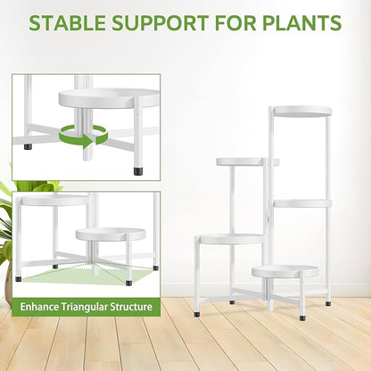 iDavosic.ly 5 Tier Large Plant Stand Indoor with 10 Inch Wide Tray, Tiered Corner Metal Outdoor Flower Display Holder Shelf, Folding Tall Rack for Patio Porch Living Room, White