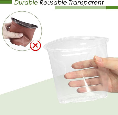 5 Inch Clear Nursery Pots for Plants with Sacuers 15 Pack, Plastic Flower Pots with Drainage Holes, Variety Pack Seedlings Garden Pot for Indoor Outdoor (5 inch)