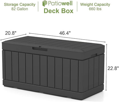 Patiowell 82 Gallon Resin Deck Box, Waterproof Large Wood Look Storage Box for Patio Furniture, Pool Accessories, Garden Tools and Sports Equipment, Lockable, Black