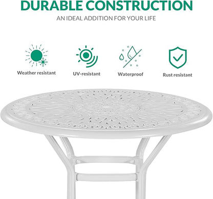 VIVIJASON 3-Piece Patio Swivel Bar Stools Set, All Weather Cast Aluminum Outdoor Bar Height Bistro Set with 2 Cushioned Bar Chairs & 35.4" High Bar Table w/Umbrella Hole for Backyard, Lawn, White