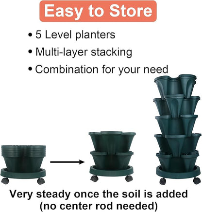 DUNCHATY Stackable Vertical Garden Planter with Wheels, 5 Tier Herb Planter Pots for Growing Vegetables and Succulents, Pine Green