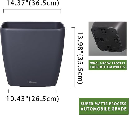Dexceder 15x14 Self Watering Planter with Wheels Indoor Outdoor, Inner Mat Design, Thickened Large Floor Standing Flower Plant Pot with Water Level Indicator (Slate Gray Matte)