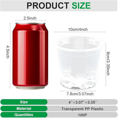 100 Pack 4 Inch Clear Plant pots with Drainage Holes, Transparent Nursery Seeding Pots, Flexile Seeds Starter Pots, Seeds Germination (4Inch,100P,Clear)