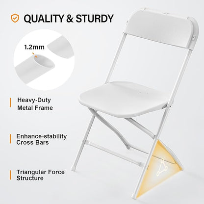 VINGLI 8 Pack White Plastic Folding Chair, Indoor Outdoor Portable Stackable Commercial Seat with Steel Frame 350lb. Capacity for Events Office Wedding Party Picnic Kitchen Dining