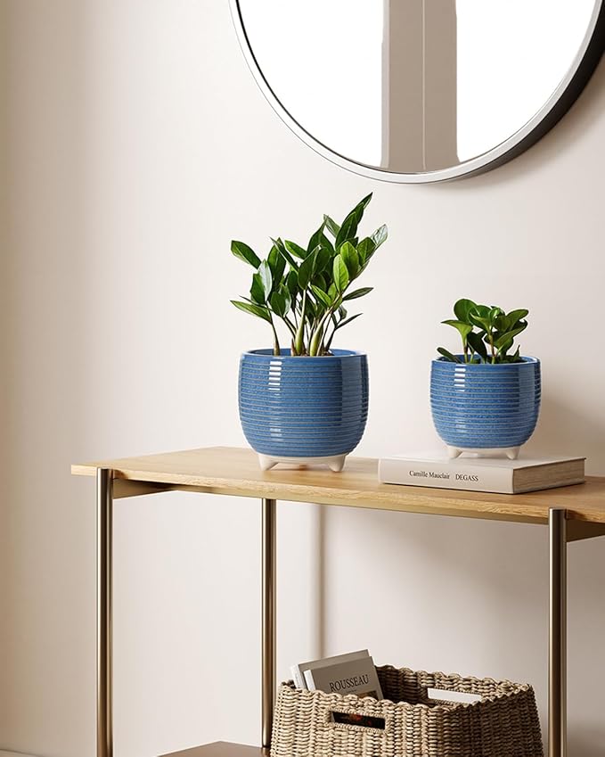 LE TAUCI Ceramic Plant Pots, 5.1 + 6.4 Inch Footed Pots for Plants, Modern Flower Pots for Home and Office, Indoor Planters with Drainage, Reactive Glaze Blue