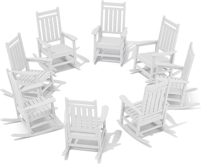SERWALL HDPE Outdoor Rocking Chair Set of 8, Patio Rocking Chairs for Adults, All Weather Outdoor Rockers for Lawn, White
