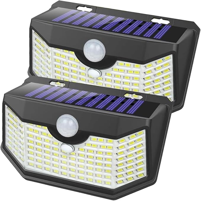 HMCITY 120 LED Outdoor Solar Lights with Motion Sensor and 3 Lighting Modes, IP65 Waterproof Wide Solar Wall Lights Ideal for Garden Patio Yard (Front Button 2Packs, Black Shell-Daylight White)
