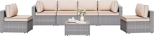 Shintenchi 7 Pieces Outdoor Patio Sectional Sofa Couch, Silver Gray PE Wicker Furniture Conversation Sets with Washable Cushions & Glass Coffee Table for Garden, Poolside, Backyard (Khaki)