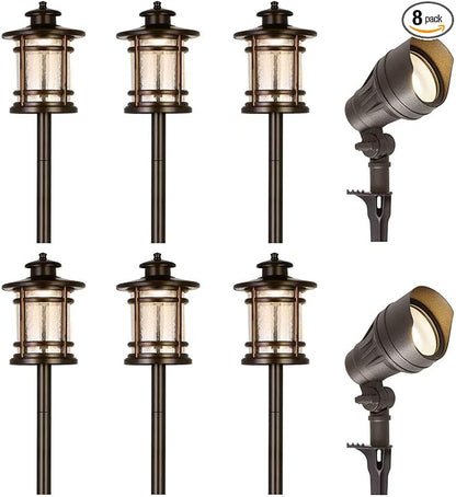hykolity 8 Pack Low Voltage LED Landscape Kits, 12V-24V Pathway Flood Light Kits, 10W 390LM and 3.4W 155LM Wired for Outdoor Yard Lawn, Die-cast Aluminum, 50W and 30W Equivalent