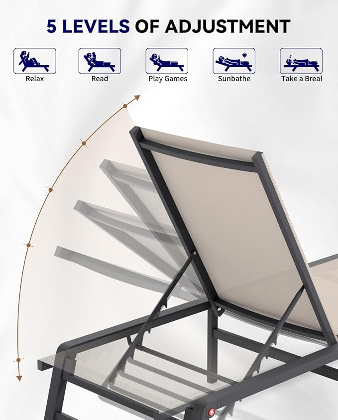 Aluminum Chaise Lounge Chair Outdoor, Foldable Patio Lounge Chair 2 Sets Assemble-Free, Pool Lounge Chairs with 5 Adjustable Backrest, Outdoor Lounge Chairs for Outside Poolside Beach Lawn Beige
