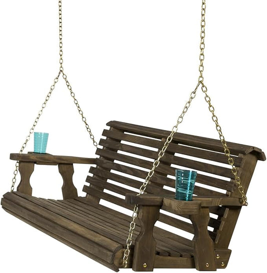 Amish Casual 5 Foot Roll Back Porch Swing with Cup Holders in Dark Walnut Stain - Amish Made in The USA from Treated Pine Heavy Duty 700 Lb. Weight Capacity