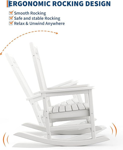 GarveeLife Poly Lumber Rocking Chair Outdoor - HDPE High Back Porch Rocker Chairs for Adults - All Weather Resistant Furniture for Patio - White