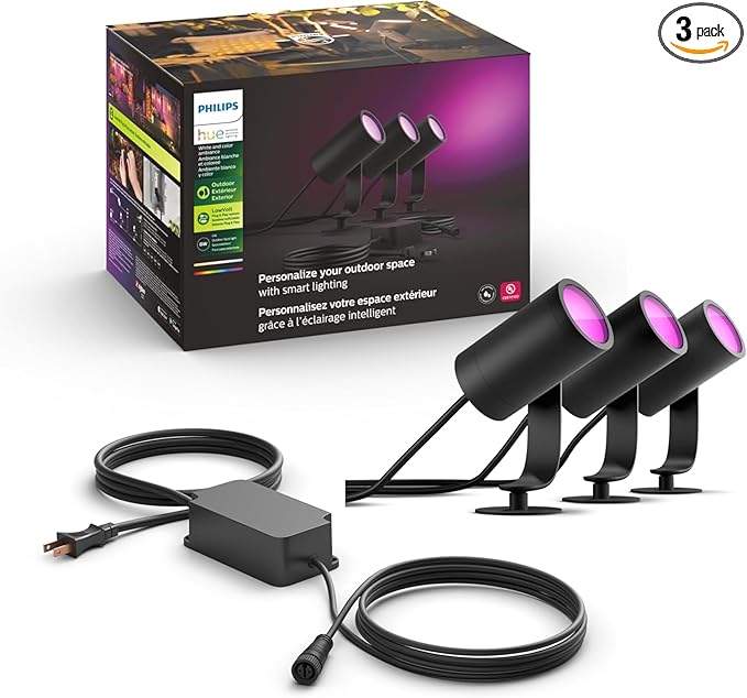 Philips Hue Lily Outdoor Smart Spotlight Base Kit, 3 Pack, White and Color Ambiance LED Walkway Lights, Low Voltage Landscape Lighting, Requires Bridge, Control with App & Voice, Weatherproof