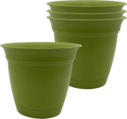 The HC Companies 6 Inch Eclipse Round Planter Pots with Drainage Holes & Attached Saucer, Lightweight UV-Resistant Plastic Indoor Outdoor Planters, 4-Pack Flower Pots for Garden & Home Decor, Peridot