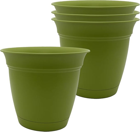 The HC Companies 6 Inch Eclipse Round Planter Pots with Drainage Holes & Attached Saucer, Lightweight UV-Resistant Plastic Indoor Outdoor Planters, 4-Pack Flower Pots for Garden & Home Decor, Peridot