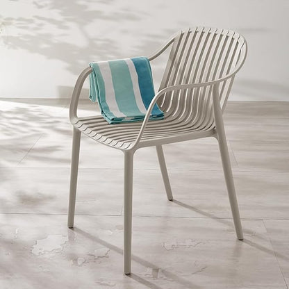 Modern Stackable Outdoor & Indoor Plastic Dining Chairs Set, Outdoor Breathable Armchairs Set, Weather-Resistant, Ideal for Patios, Cafes, and Home Use, No Assembly, Set of 4 (Grey)