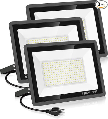 3 Pack 150W LED Flood Light Outdoor,Super Bright Exterior Security Light with Plug,IP66 Waterproof Flood Light, 15500LM 5000K Daylight White Floodlight for Yard, Garden,Basketball Court, Arena