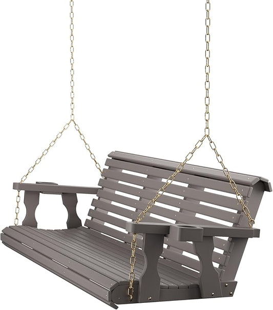 Amish Casual 6 Foot Roll Back Porch Swing with Cup Holders in Semi-Solid Gray Stain - Amish Made in The USA from Treated Pine Heavy Duty 700 Lb. Weight Capacity