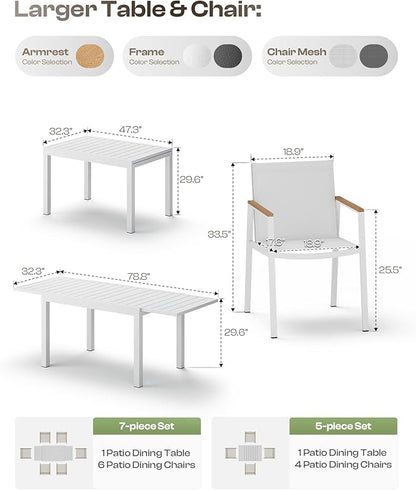 Outdoor Aluminum Patio Dining Table Set for 6-8 Person, Expandable Outdoor Table and 6 Chairs with Textilene Fabric & HDPS Armrest, All-Weather Patio Furniture Set for Yard, Garden, White