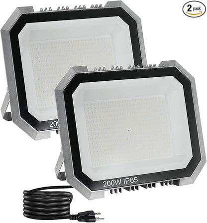 2 Pack LED Flood Lights Outdoor, 200W 20000LM Super Bright Floodlight Outside Work Light with 5.9FT Plug, IP65 Waterproof 6000K Outdoor LED Flood Light for Garage, Yard, Lawn, Garden