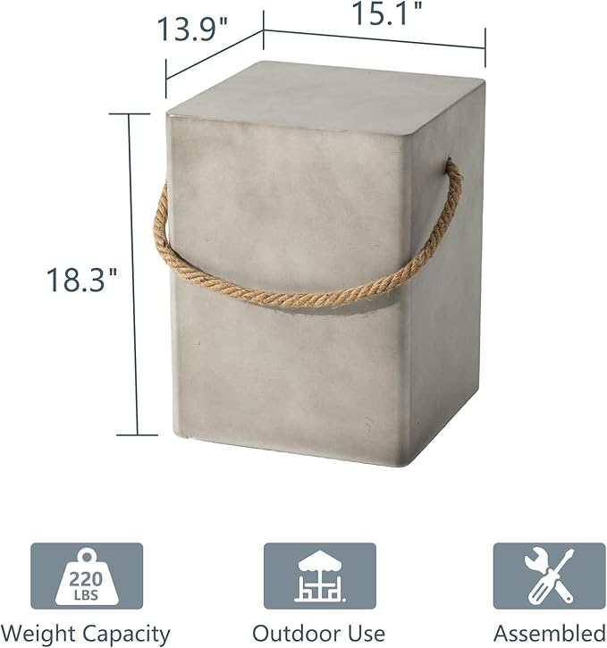 COSIEST Set of 2 Concrete Side Table, Rectangular Outdoor Side Table w Hemp Rope Handles,15''Patio Side Tables End Table, Outdoor Accent Side Table for Garden and Patio, Grey