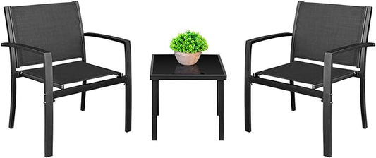 Homall 3 Pieces Patio Furniture Set Outdoor Patio Conversation Textilene Bistro Set Modern Porch Lawn Chairs with Coffee Table for Home and Balcony (Black)