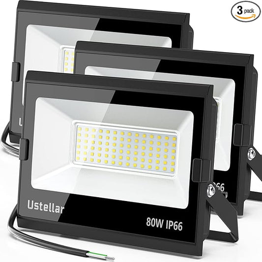 USTELLAR 3 Pack 80W LED Flood Lights Outdoor Hardwired Bright 800W Equiv. 24000LM Security Light Outside Lamp IP66 Waterproof 5000K Daylight White Spot Light Exterior Floodlight for Backyard House
