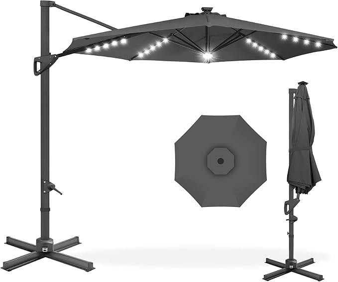 Best Choice Products 10ft Solar LED Cantilever Patio Umbrella, 360-Degree Rotation Hanging Offset Market Outdoor Sun Shade for Backyard, Deck, Poolside w/Lights, Easy Tilt, Cross Base