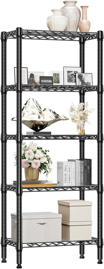1250 lbs 5 Tier Shelf Metal Storage Shelves Wire Rack Closet Organizers for Garage Kitchen Bathroom Laundry Black 11.8" D x 23.6" W x 59.5" H