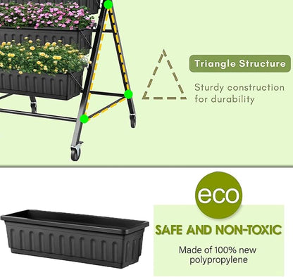 SEJOV 4FT Vertical Raised Garden Bed, 5-Tier Vertical Garden Planter with Drainage System, Larger Elevated Planter Box for Herb Vegetables Flowers Indoor Outdoor Planters (Black with Lockable Wheels)