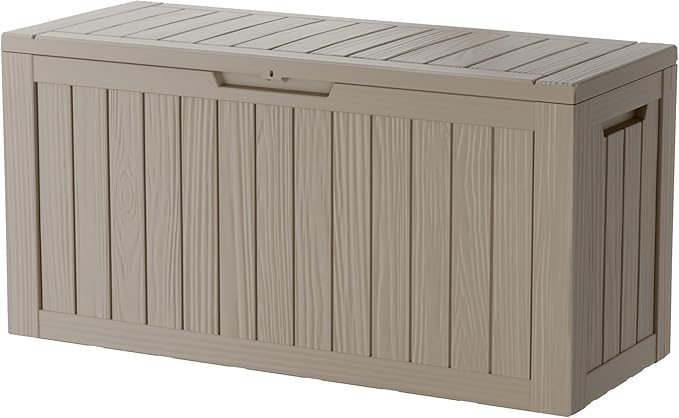 TARKARI 80 Gallon Lockable Resin Deck Box, Waterproof & UV-Resistant Outdoor Storage Box for Outdoor Cushion Storage, Garden Tools & Pool Accessories Storage, Coffee