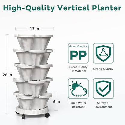 Strawberry Vertical Planters 2 Pack, 5 Tiered Stacking Tower Garden with Support Pole, Stackable Herb Vegetable Planters Indoor Outdoor Black